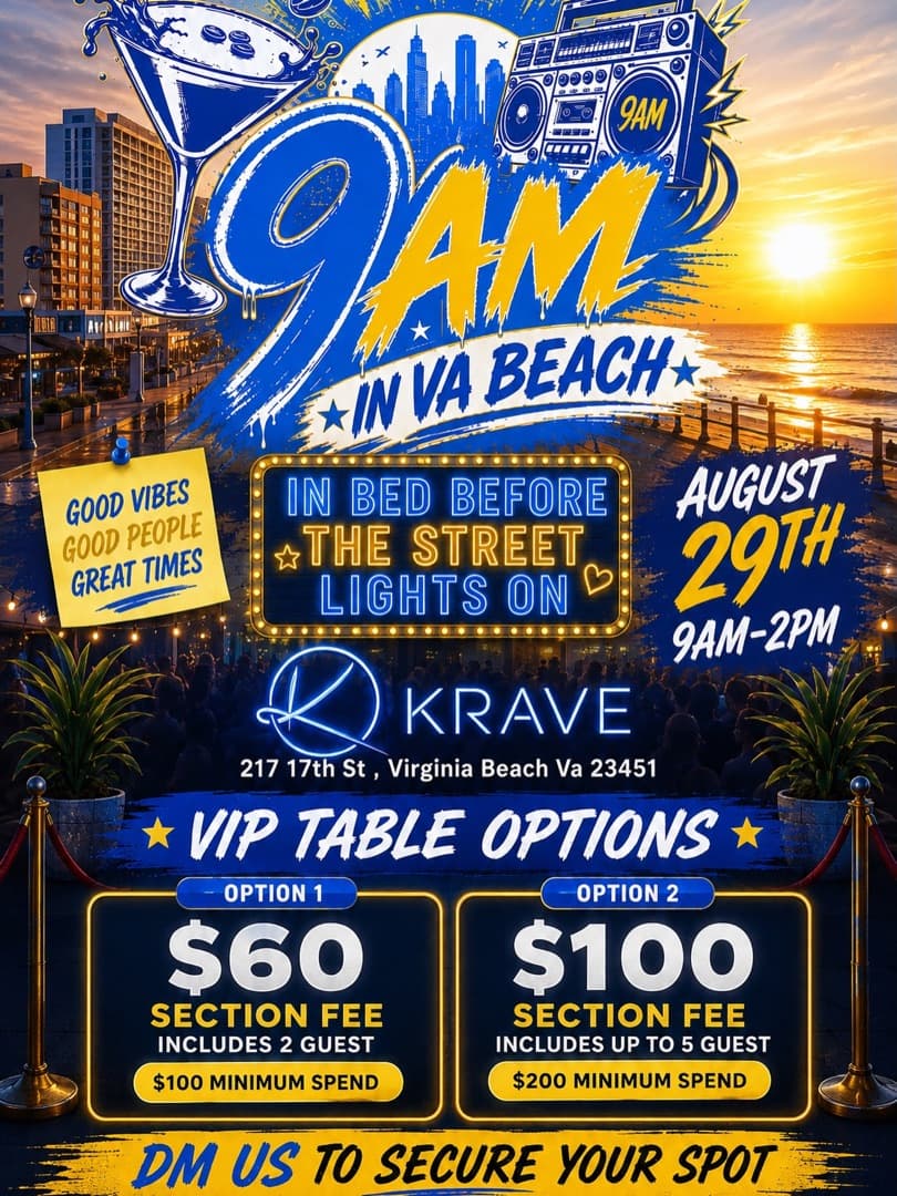 9AM in VA Beach tour poster — August 29 oceanfront stop on the Play Hooky 9AM tour