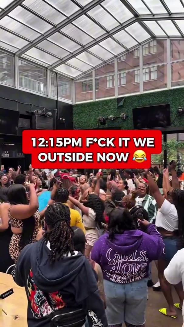 12:15 PM — full room dancing under the glass atrium at a past 9AM day party