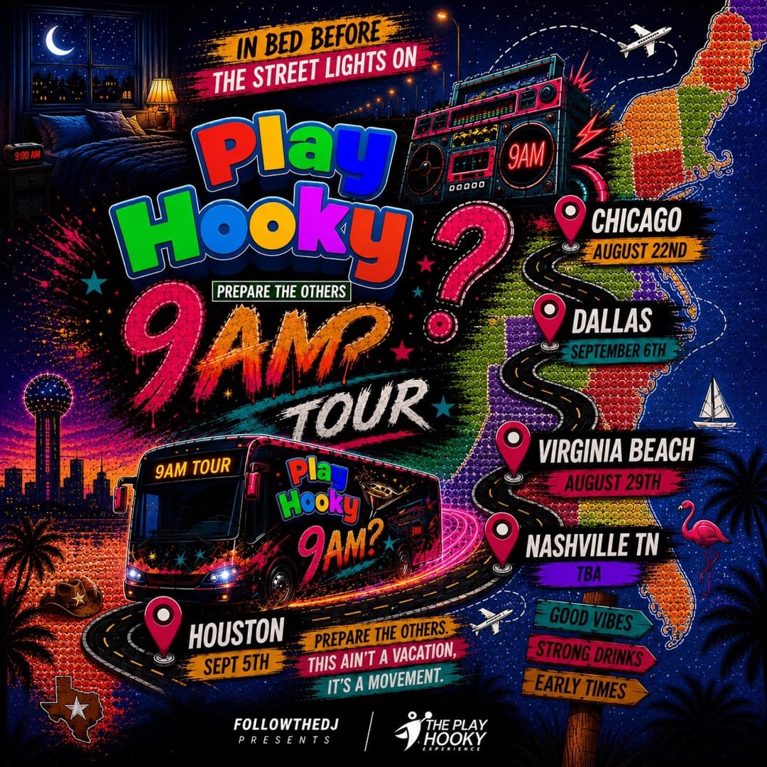 Play Hooky 9AM national tour map — Houston September 5 stop alongside Chicago, Dallas, Virginia Beach, and Nashville.