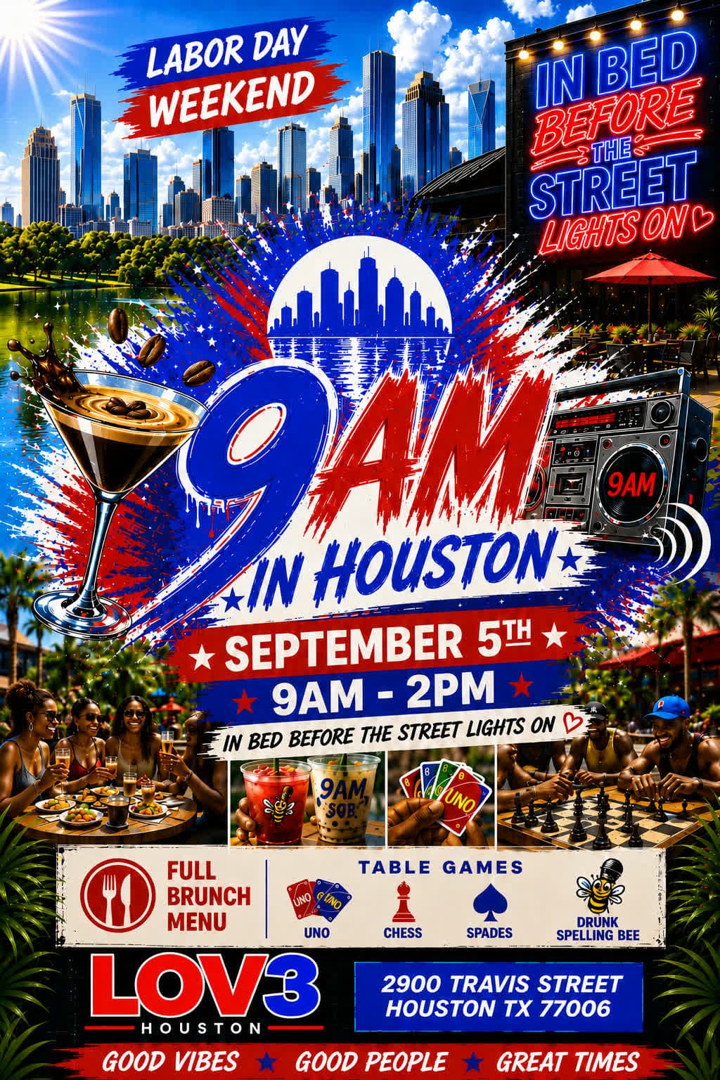 9AM in Houston flyer — Saturday September 5, 9 AM to 2 PM at LOV3 Houston