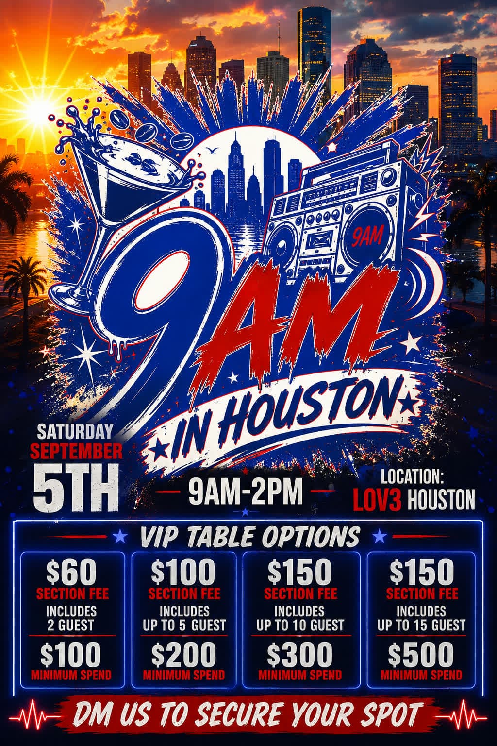 9AM in Houston VIP section pricing — table minimums for Saturday September 5 at LOV3 Houston
