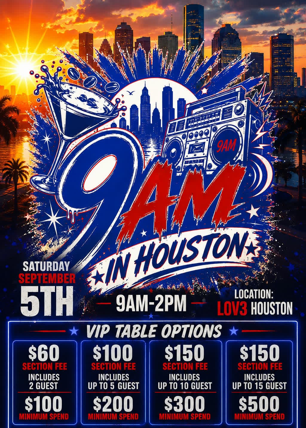 9AM in Houston VIP section pricing — table minimums for Saturday September 5 at LOV3 Houston