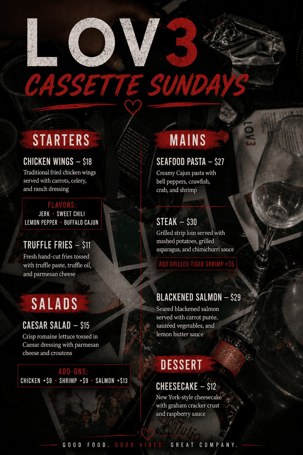 Cassette Sundays Late Night Bites menu — Chicken Wings, Truffle Fries, Caesar Salad, Seafood Pasta, Steak, Blackened Salmon, Cheesecake