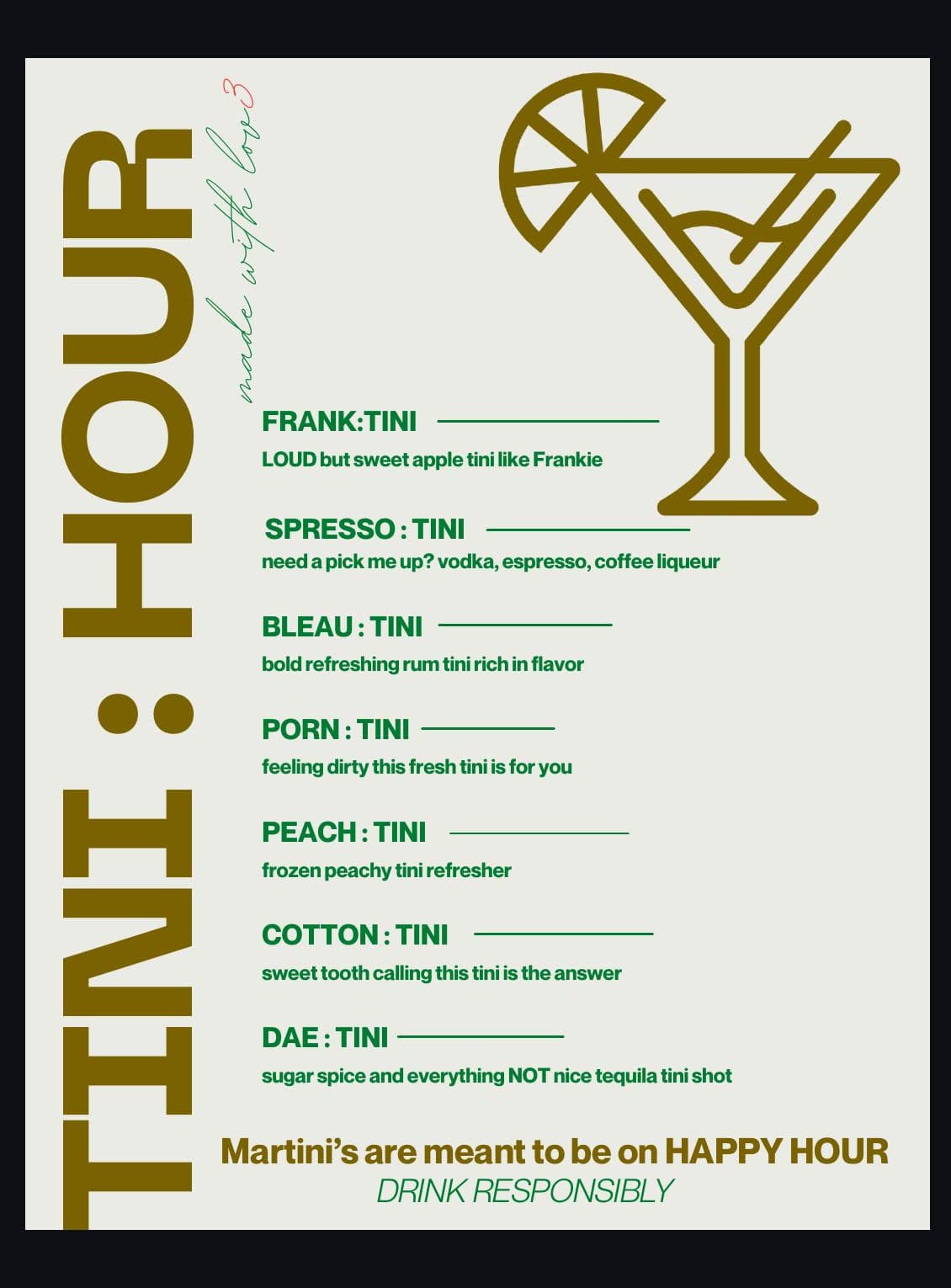 Tini Hour menu at LOV3 HTX — FRANK:TINI, SPRESSO:TINI, BLEAU:TINI, PORN:TINI, PEACH:TINI, COTTON:TINI, DAE:TINI · Sundays 5–8 PM · $4 each